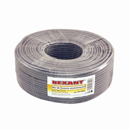 Кабель коаксиальный RG-58 A/U, 50 Ом, Cu/Al/Cu, 64%, 100 м, INDOOR, серый, REXANT