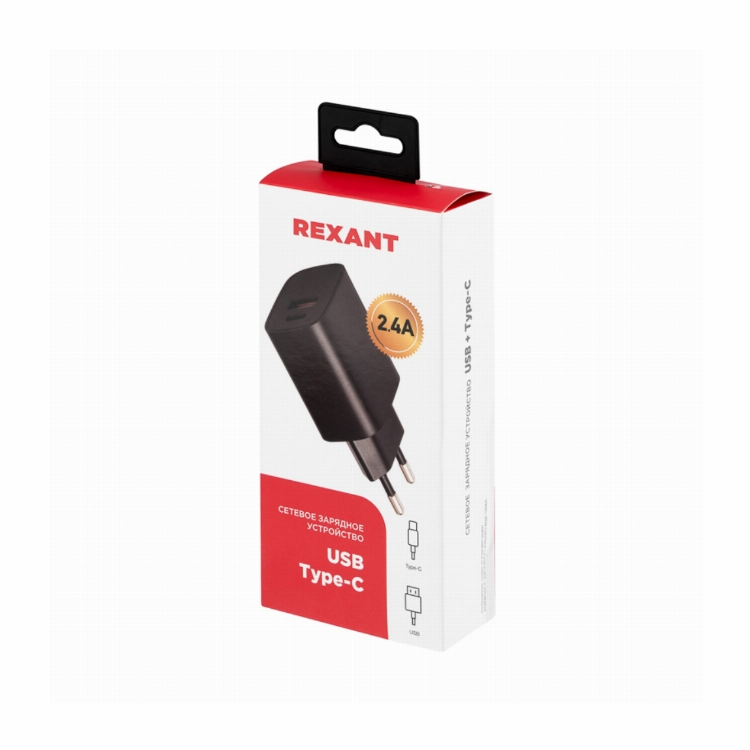 Сетевое зарядное устройство REXANT USB + Type-C, 5V, 2.4 A, черное